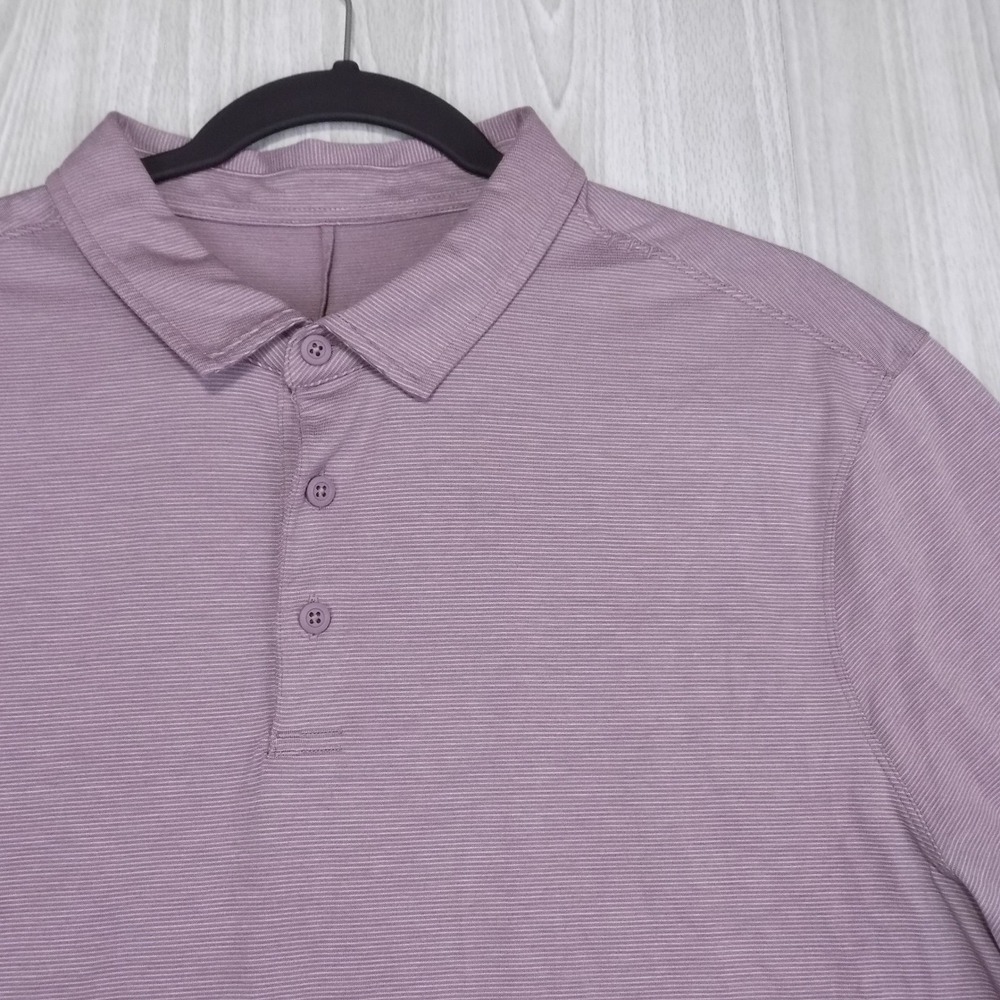 Lululemon Evolution Polo Shirt Mens Large Mauve Purple Micro-Stripe EUC